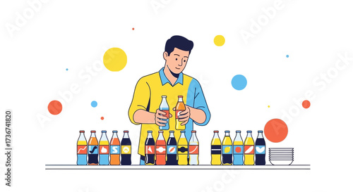 Man Selecting Beverages From A Row Of Labeled Bottles For A Beverage Service