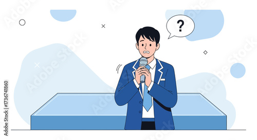 Public Speaking Anxiety Illustration: A Nervous Presenter Holding a Microphone on Stage