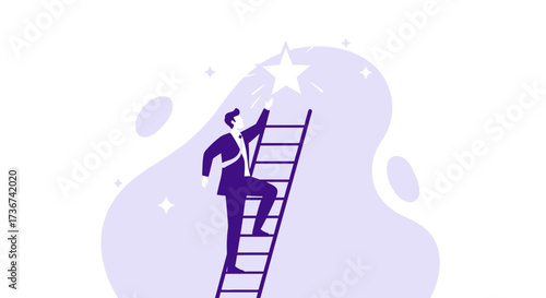 Reaching For Success: A Businessman Climbing A Ladder Towards A Shining Star