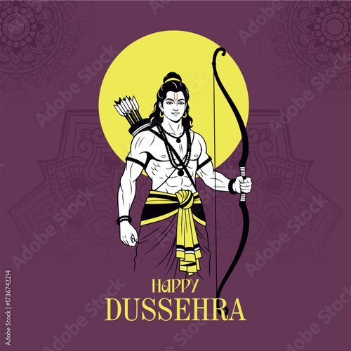 Bold vector illustration of Lord Rama in a confident pose, holding his bow and quiver of arrows against a bright yellow moon and a rich purple patterned background for Happy Dussehra.