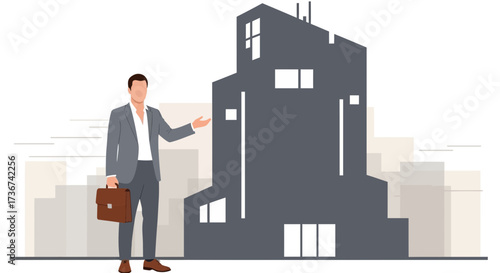 Real estate agent presenting a building in an illustration style with a white background