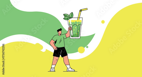 Man Cheers With A Refreshing Green Drink Against Abstract Yellow And Green Background