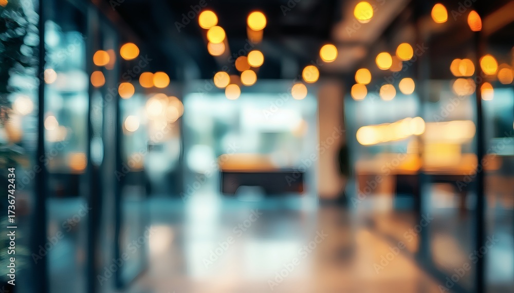 Fototapeta premium The image shows an out-of-focus view of a contemporary interior space, illuminated by warm-toned light fixtures and featuring sleek, minimalist furniture.