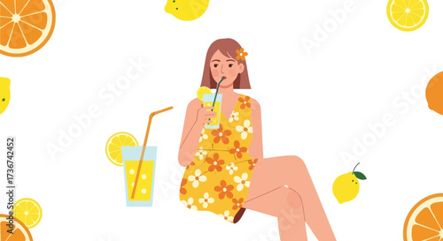 Refreshing Summer Drink: Woman Savoring Citrus Juice with Floral Dress and Citrus Fruit