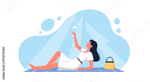 Relaxation And Celebration: Woman Enjoying A Refreshing Drink In A Beautiful Setting