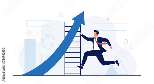Successful Businessman Climbing Arrow Ladder Represents Growth And Financial Prosperity