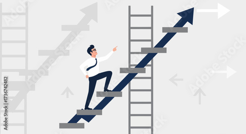 Successful Businessman Climbing Towards Success, Achieving Goals, Reaching Destinations