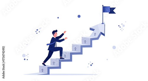 Successful Businessman Climbing Arrow Stairs To Reach The Target And Achieve Goals