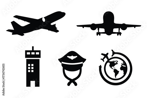 Set of 5 distinct airplane and airport icons representing flight travel and aviation themes.