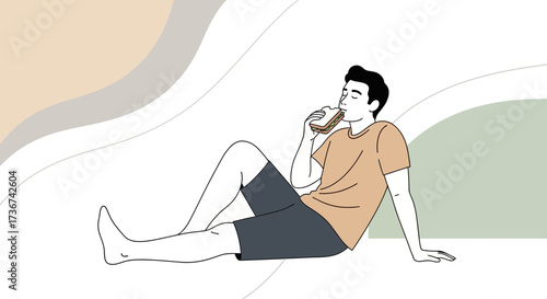 Relaxed Individual Enjoying a Sandwich While Reclining on the Surface in a Moment of Leisure