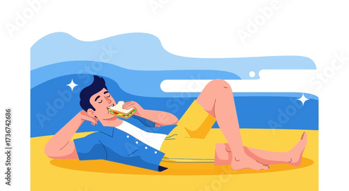 Relaxed Man Eats a Sandwich on The Beach, Enjoying The Summer Vibe Illustration