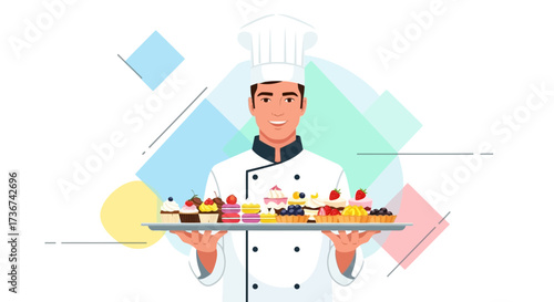 Smiling Chef Presenting Assortment Of Pastries On A Tray with Delicious And Sweet Treats