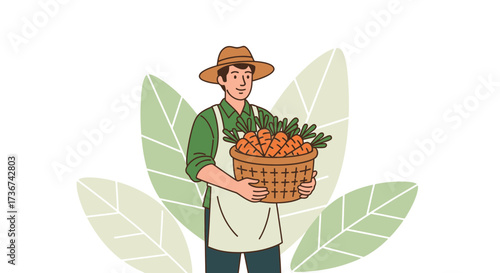 Smiling Farmer Holding Carrots In A Basket, Showing Fresh Harvest For Consumers