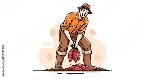 Smiling Farmer Harvesting Sweet Potatoes From The Soil In A Field Setting