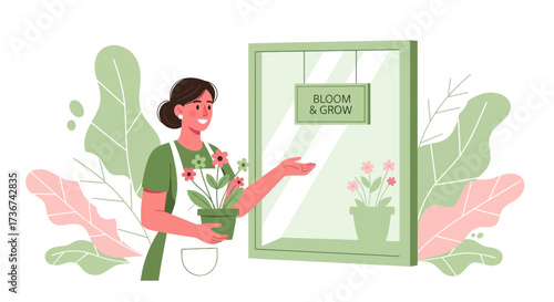 Smiling Florist Presenting Blooming Flowers and Inviting People to Visit Her Floral Shop Today