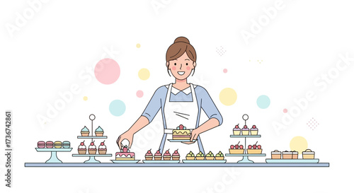 Smiling Female Baker Preparing Cakes and Sweet Treats on a Display Table, Decorative Bakery Shop