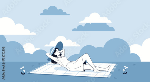 Relaxed Woman Enjoying a Sunny Day Lying Down on a Blanket with Clouds in the Sky
