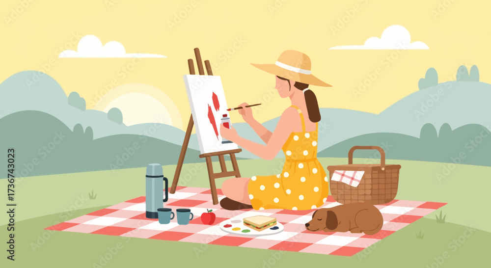 Fototapeta premium Relaxed Woman Painting Outdoors With A Dog, Picnic, And Beautiful Scenery