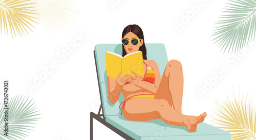 Relaxed woman reading a book while sunbathing on a beach chair during vacation
