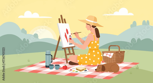Relaxed Woman Painting Outdoors With A Dog, Picnic, And Beautiful Scenery