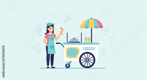 Smiling Ice Cream Vendor Offering a Delightful Treat from a Colorful Cart