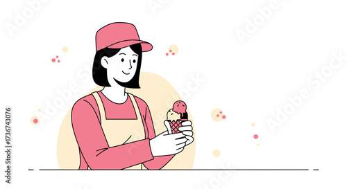 Smiling Ice-Cream Vendor Holding Cones with Scoops Ready to Serve Summer Desserts