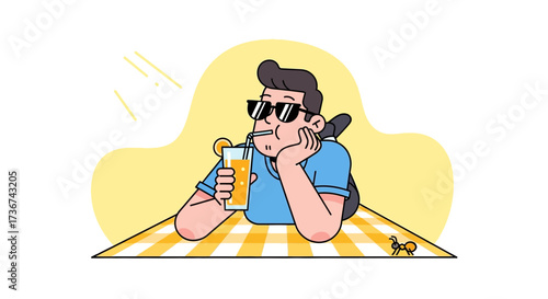 Relaxing Cartoon Man Sipping Juice, Enjoying Sunny Day, Picnic Blanket and Sunglasses