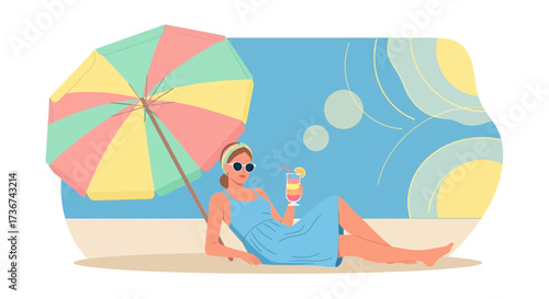 Relaxing Beach Scene Featuring Woman Under Umbrella Enjoying Refreshing Drink