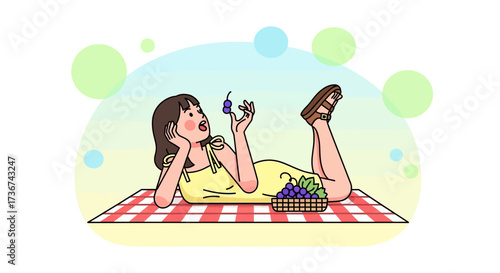 Relaxing Daydream: A Young Woman Enjoys a Picnic Experience with Grapes