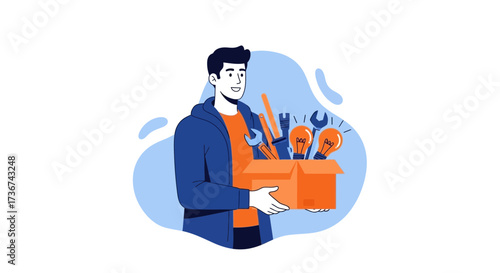Smiling Man Holding Toolbox Containing Ideas, Instruments, And Innovative Solutions