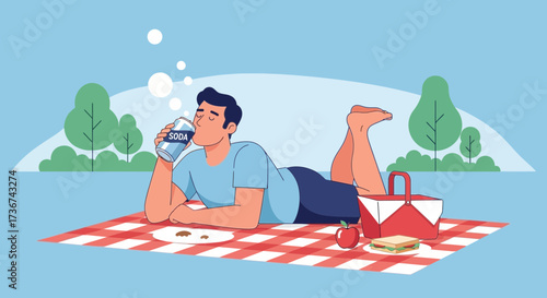 Relaxing Daydream of a Man Sipping Soda at a Park Picnic With Delights
