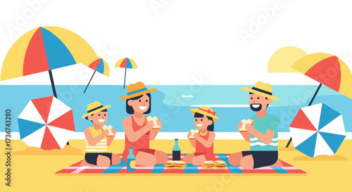Relaxing Family Picnic By The Shoreline Enjoying Sandwiches Under The Sun Umbrella