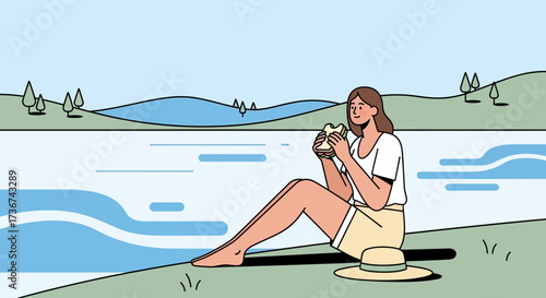 Relaxing Female Enjoying Snack by Lakeside, Summer Day During Recreation