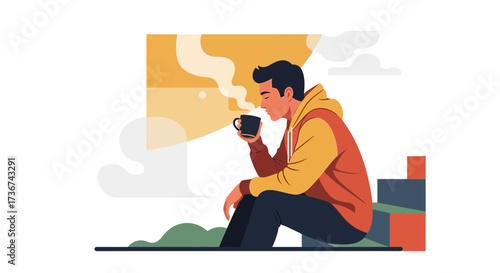 Man Sipping Hot Beverage At Leisure During The Beginning Hours Of Evening Relaxation