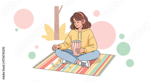 Relaxing Girl Enjoys Snacks While Listening to Music Outdoors in Peaceful Nature