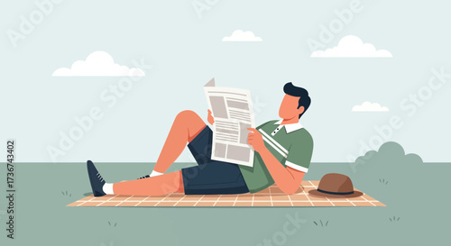 Relaxing Moment Reading Newspaper Leisurely Outside On A Sunlit Day With Hat Beside