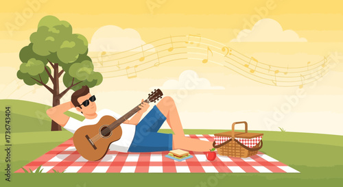 Relaxing Music Lover Enjoying Day Off In Nature with Guitar and Picnic Basket