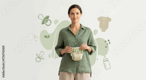 Smiling pregnant woman holding diaper, concept of pregnancy and baby care product
