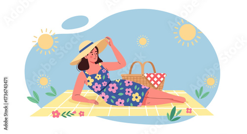 Relaxing Picnic Scene Depicting A Woman Reclining On A Picnic Blanket Under The Sun
