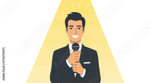 Smiling Presenter With Microphone Under Spotlight Giving Presentation To Audience