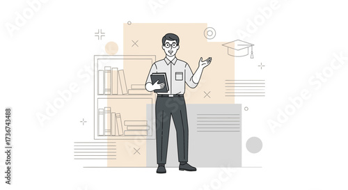 Smiling Professor Presenting Educational Concepts in Minimalist Style with Graduation Cap.