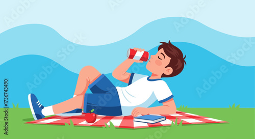 Relaxing Picnic Under The Blue Sky: A Refreshing Drink And Peaceful Afternoon
