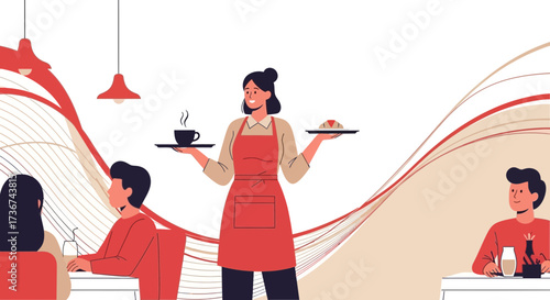 Restaurant Scene: Waitress Serving Food And Drinks To Customers In A Cafe Setting