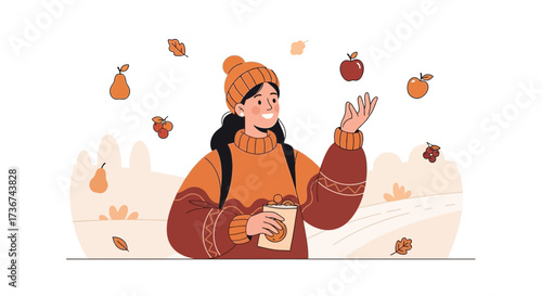 Smiling woman enjoying the autumn season, cheerful with apples, pears and leaves