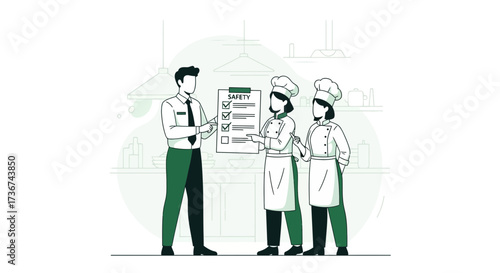 Restaurant Team Reviewing Safety Checklist for Kitchen Compliance Protocols