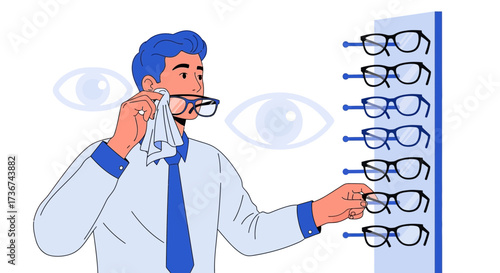 Man Cleaning Glasses While Selecting Eyeglasses Displayed On A Wall in Optometry Shop