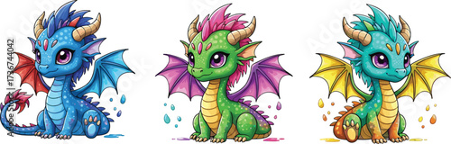 Cute baby dragon cartoon characters set, colorful fantasy creatures with wings, horns and scales, adorable mythical animal illustration vector for kids design