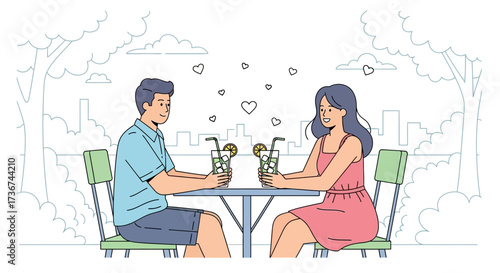 Romantic Date In Park With Drinks For Young Lovers, Happiness, and Friendship.