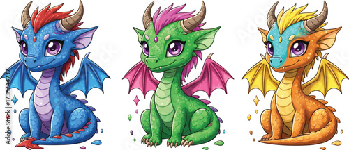 Cute baby dragon cartoon characters set, colorful mythical fantasy creatures with wings, horns and scales, adorable vector illustration for children’s design
