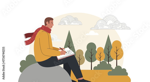 Man sketching in nature, illustration of creative artist drawing in a park environment